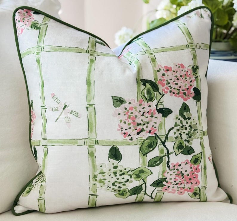Evelyn Henson Hydrangea Trellis Pillow Cover - Coastal Grandmillenial Decor