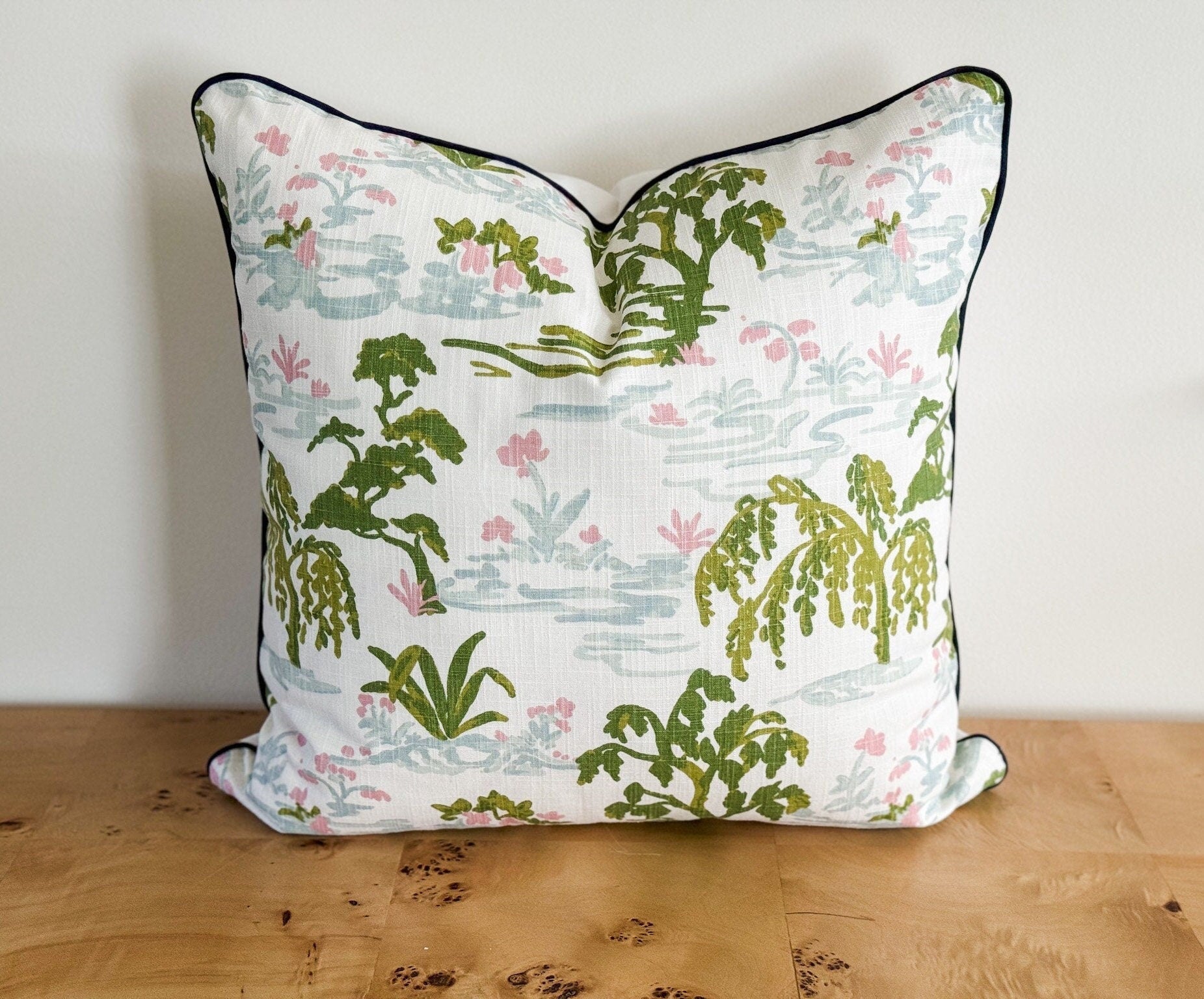 Pink & Green Toile Pillow Cover - Grandmillennial Chinoiserie Decor UP