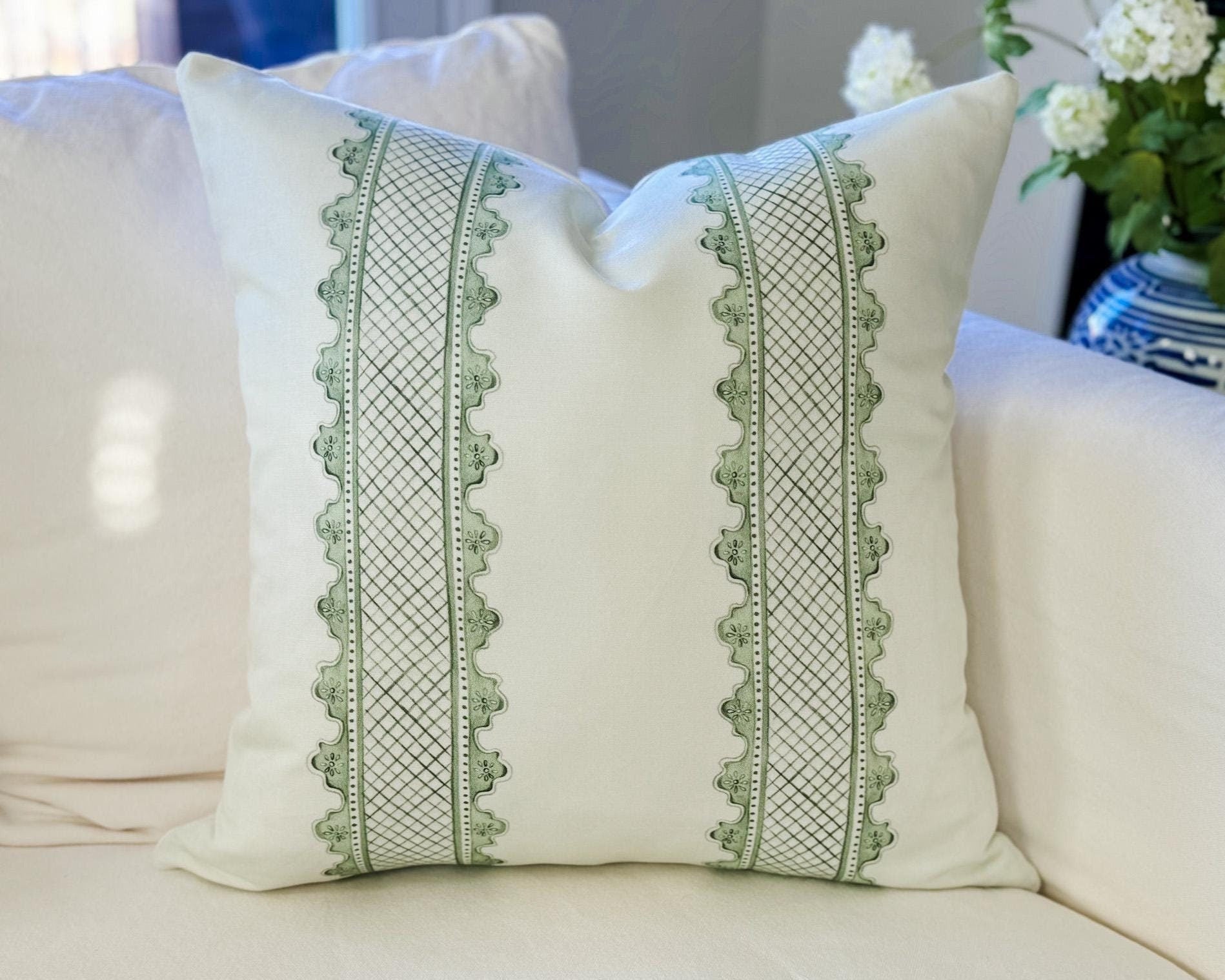 Danika Herrick Clarabelle Green Lattice Stripe Pillow Cover - Grandmillennial Decor