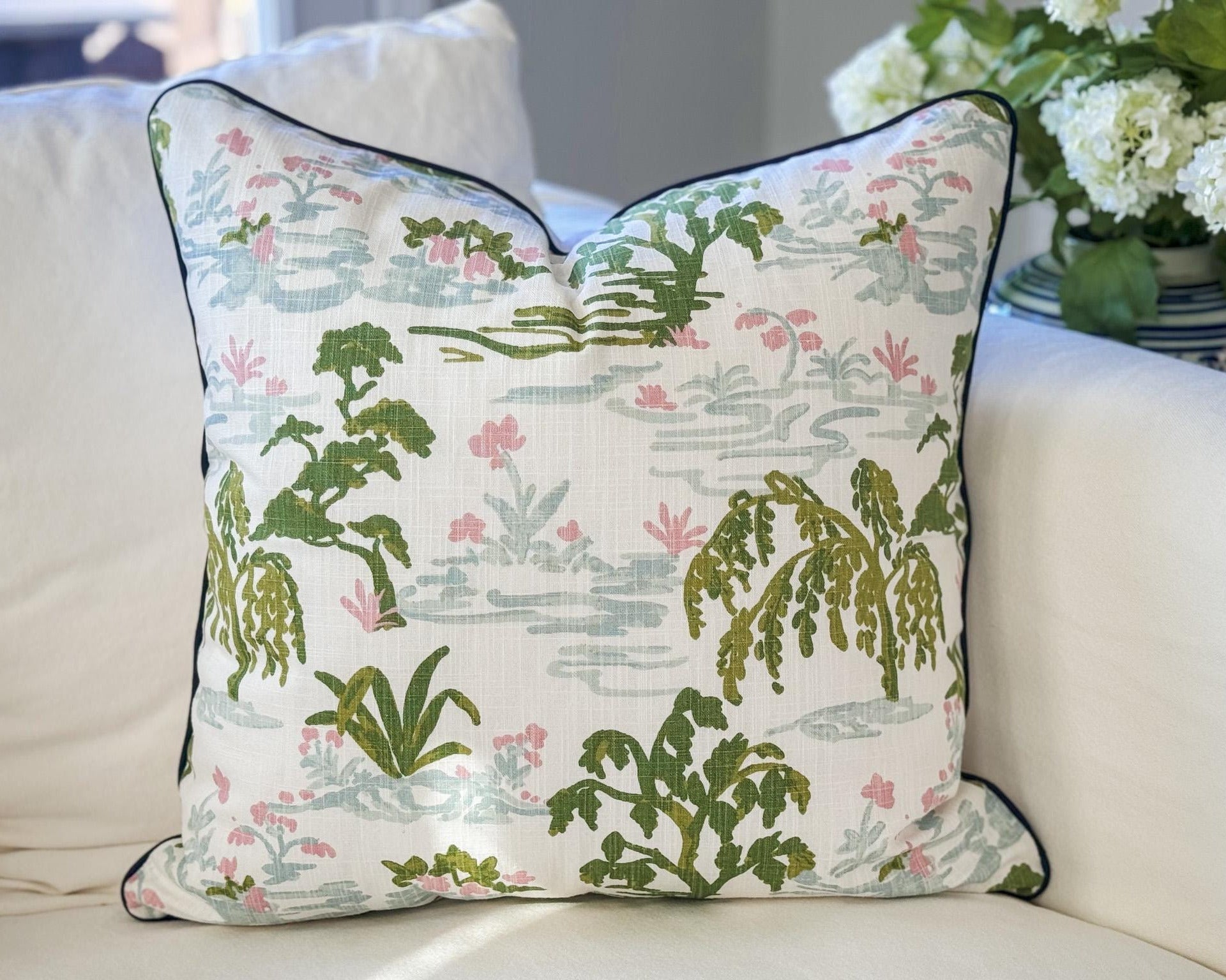 Pink & Green Toile Pillow Cover - Grandmillennial Chinoiserie Decor Center