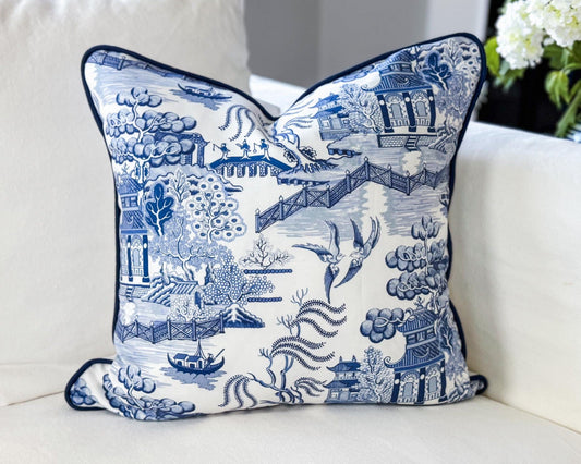 Whitney English Blue Willow Toile Pillow Cover - Grandmillennial Chinoiserie Decor