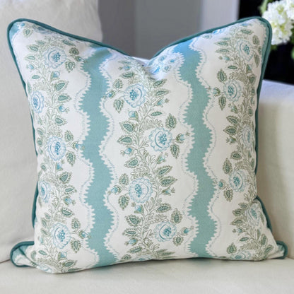 Whitney English Mint Blue Floral Stripe Pillow Cover - Grandmillennial Decor