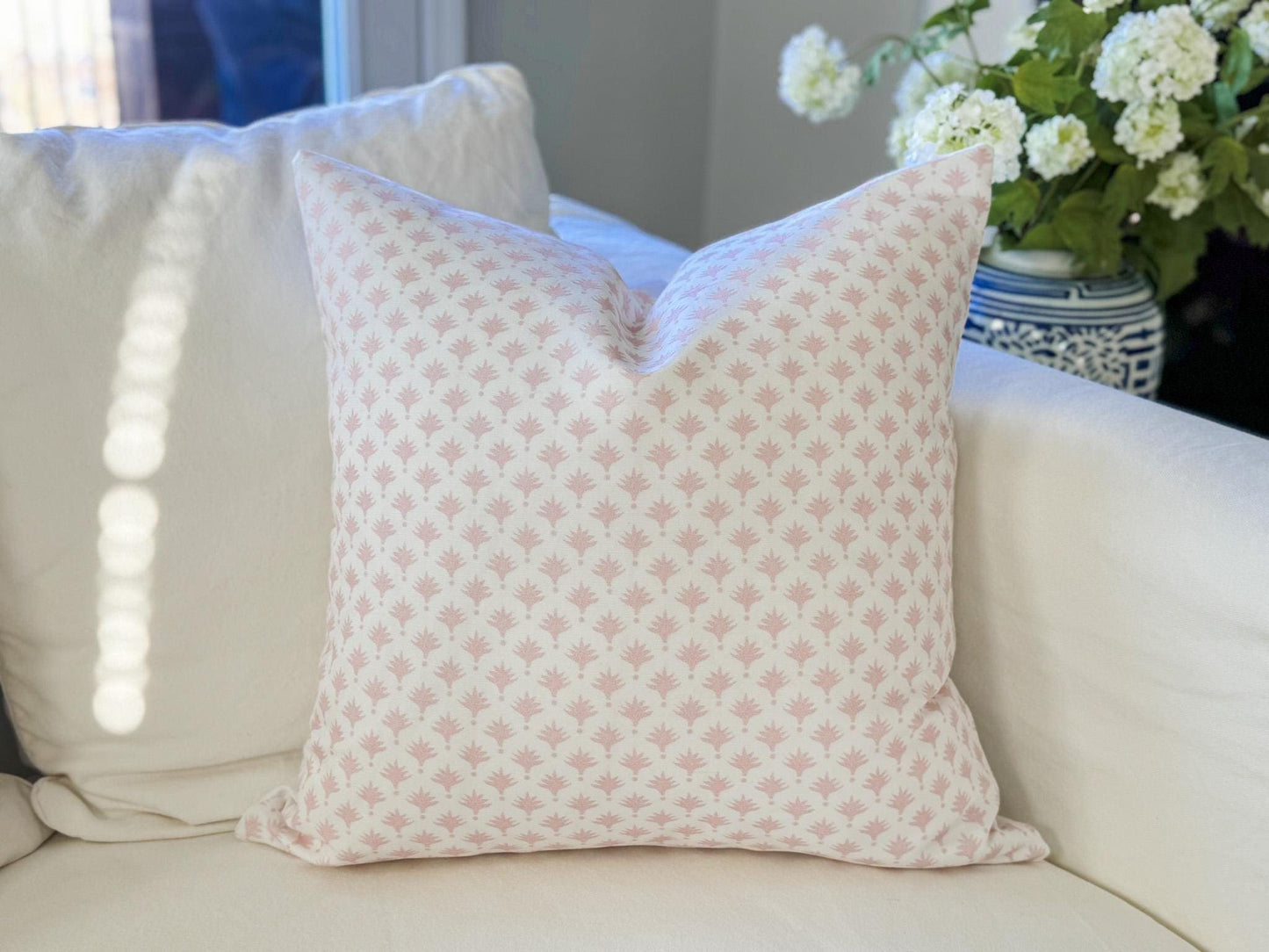 Danika Herrick Pink Tiny Palms Floral Block Print Pillow Cover - Grandmillenial Decor