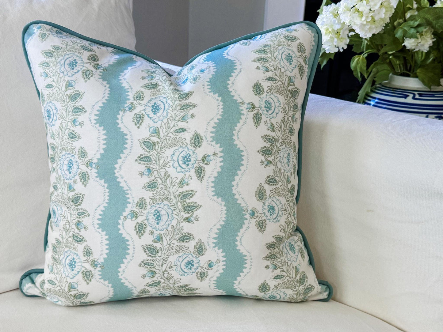 Whitney English Mint Blue Floral Stripe Pillow Cover