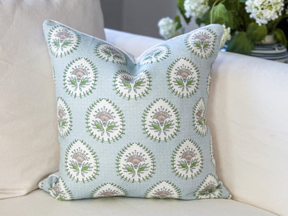 Danika Herrick Blue Daphne Floral Block Print Pillow Cover - Grandmillenial Decor