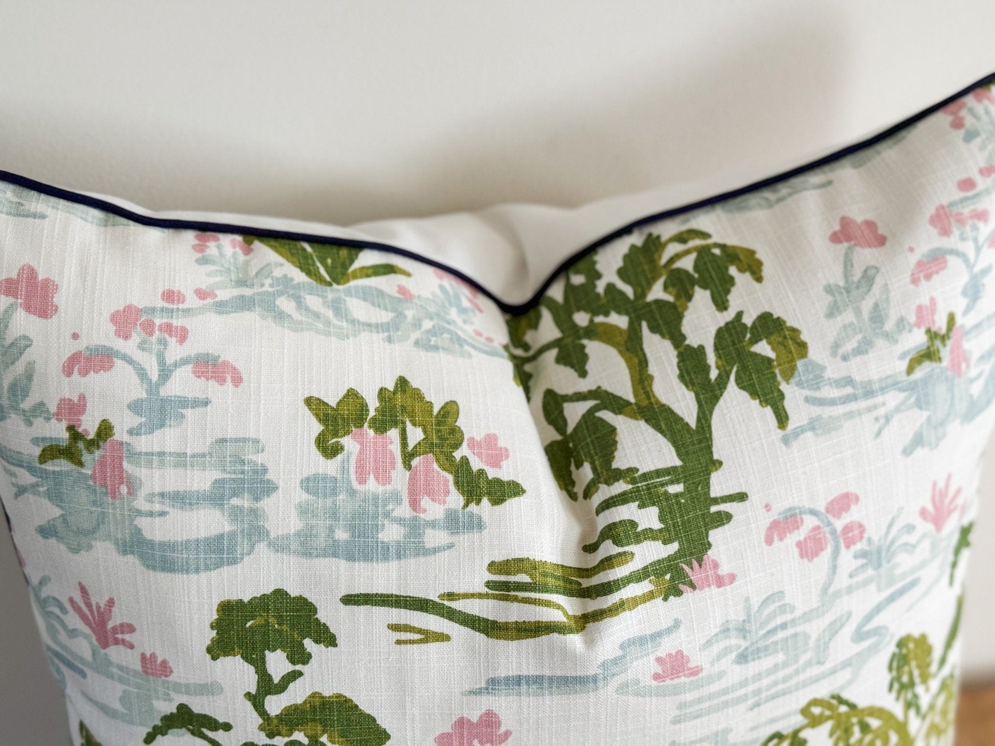 Pink & Green Toile Pillow Cover - Grandmillennial Chinoiserie Decor Top