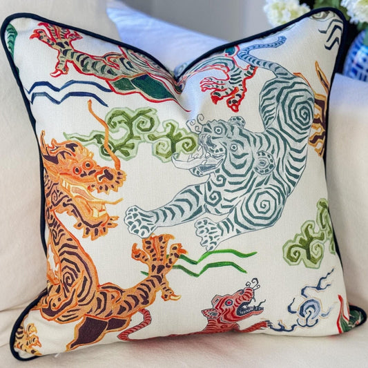 Hamilton Himalaya Natural Tigers & Dragons Pillow Cover - Chinoiserie Decor
