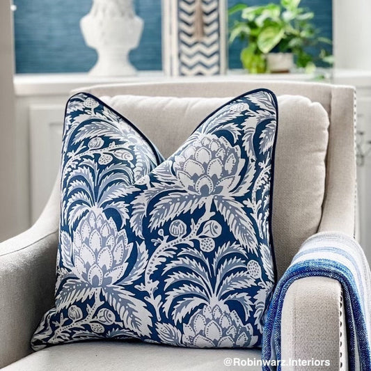 Serena and Lily Vintage Indigo Artichoke Floral Pillow Cover - Coastal Grandmillennial Decor