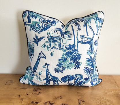 Blue Jungle Animal Print Toile Pillow Cover