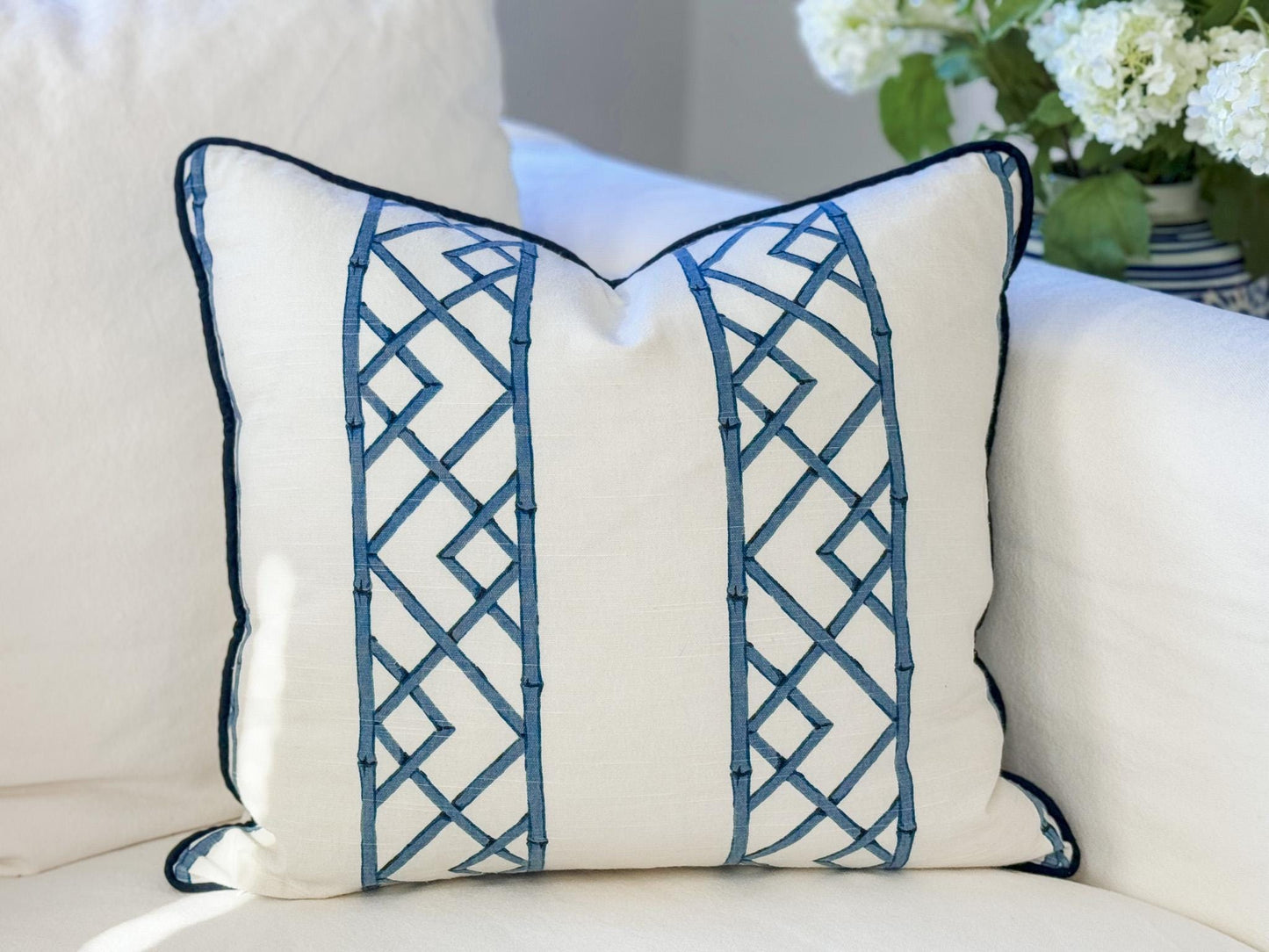 Ballard Reva Blue Bamboo Lattice Pillow Cover