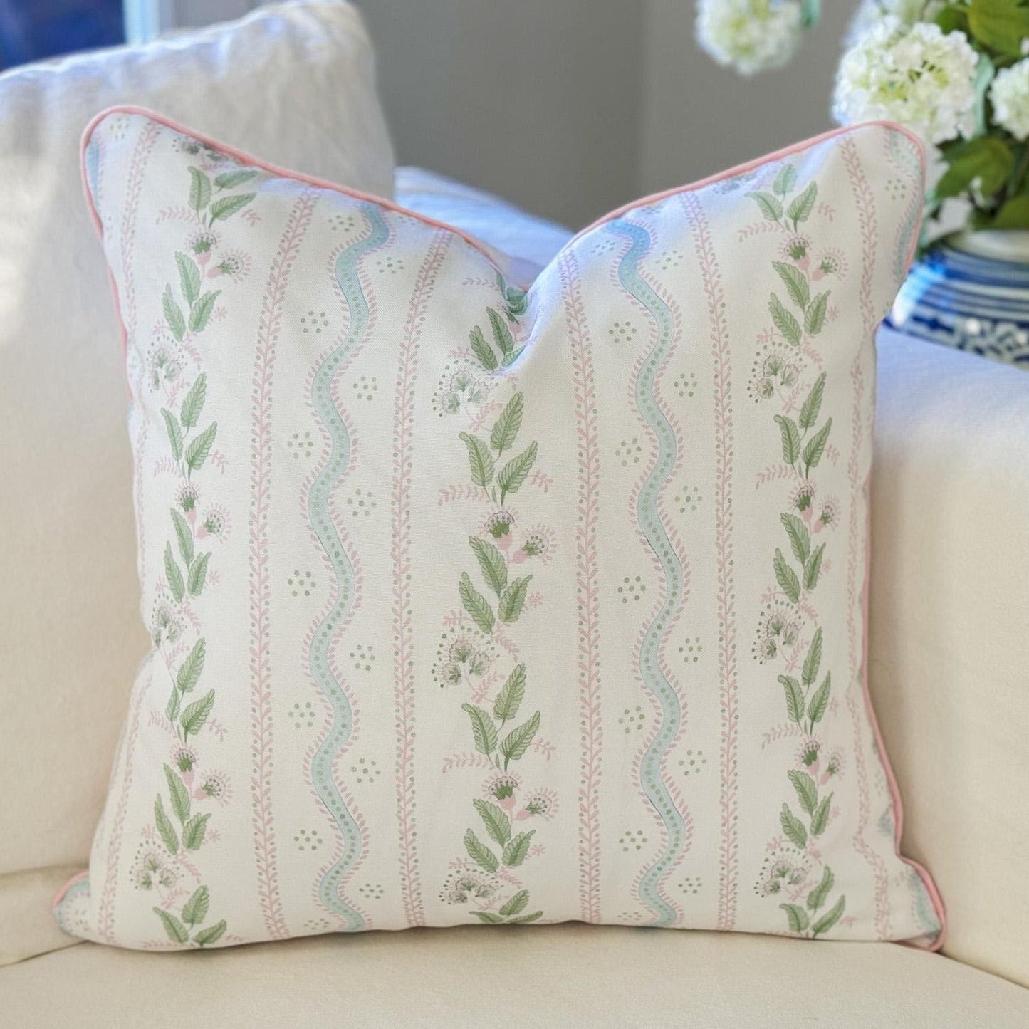 Danika Herrick Pink Vines Floral Pillow Cover in Linen Cotton Canvas - Grandmillenial Decor
