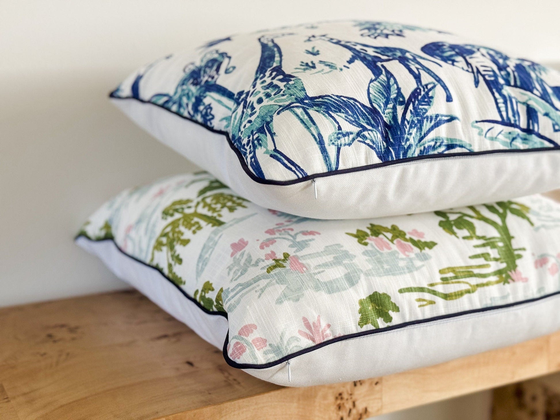 Pink & Green Toile Pillow Cover - Grandmillennial Chinoiserie Decor Two Pillow