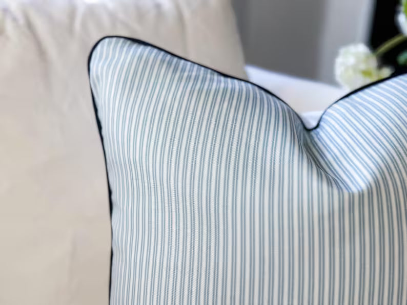 Danika Herrick Blue Tiny Ticking Stripe Pillow Cover Corner