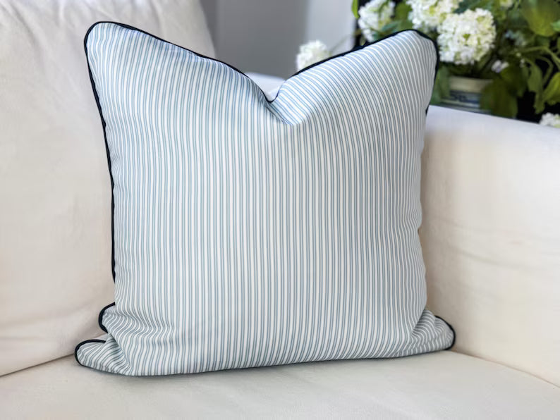 Danika Herrick Blue Tiny Ticking Stripe Pillow Cover Up Side