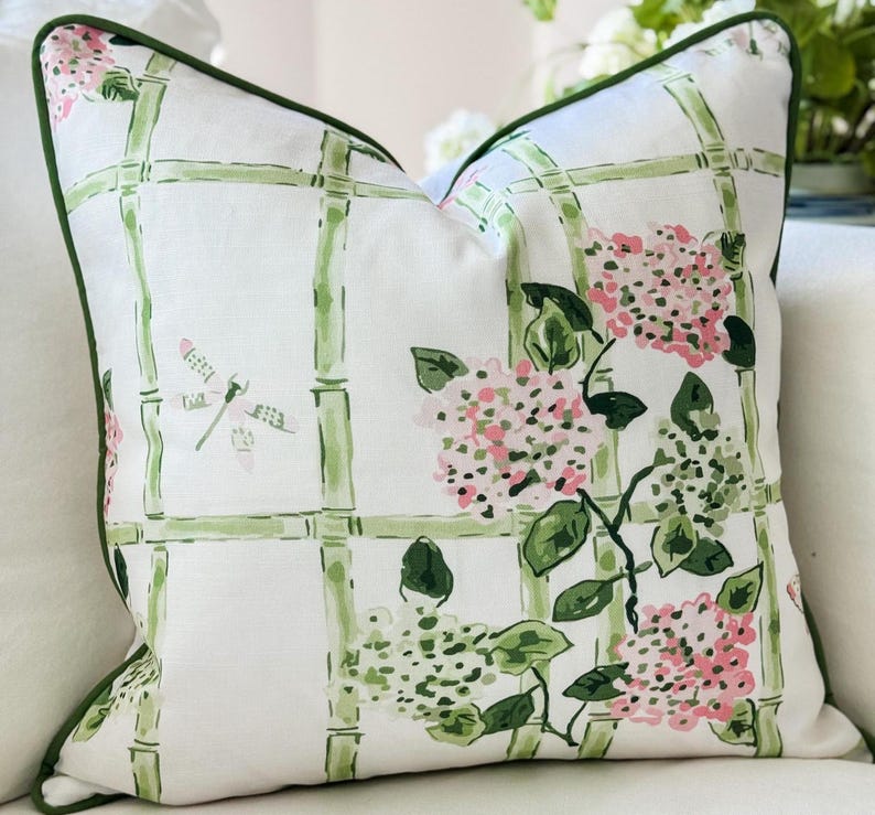 Evelyn Henson Hydrangea Trellis Pillow Cover - Coastal Grandmillenial Decor