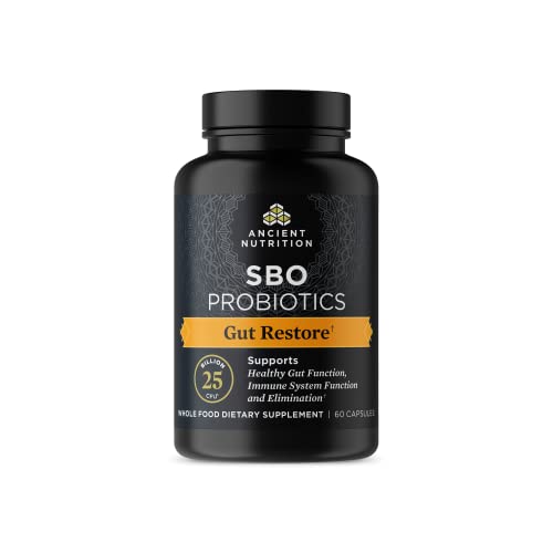 Ancient Nutrition Probiotics, SBO Probiotics Gut Restore 60 Ct, Promotes Gut Health, Digestive and Immune Support, Gluten Free, Ancient Superfoods Blend, 25 Billion CFUs* Per Serving