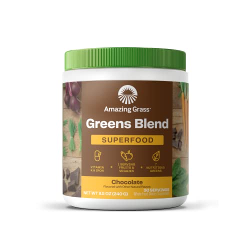 Amazing Grass Greens Blend Superfood: Super Greens Smoothie Mix with Organic Spirulina, Chlorella, Beet Root Powder, Digestive Enzymes & Probiotics, Chocolate, 30 Servings (Packaging May Vary)