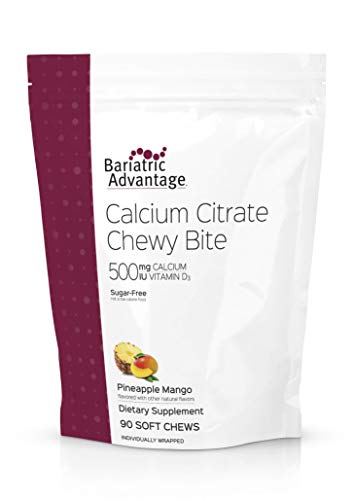 Bariatric Advantage Calcium Citrate Chewy Bites 500mg with Vitamin D3 for Bariatric Surgery Patients Including Gastric Bypass and Sleeve Gastrectomy, Sugar Free - Pineapple Mango Flavor, 90 Count