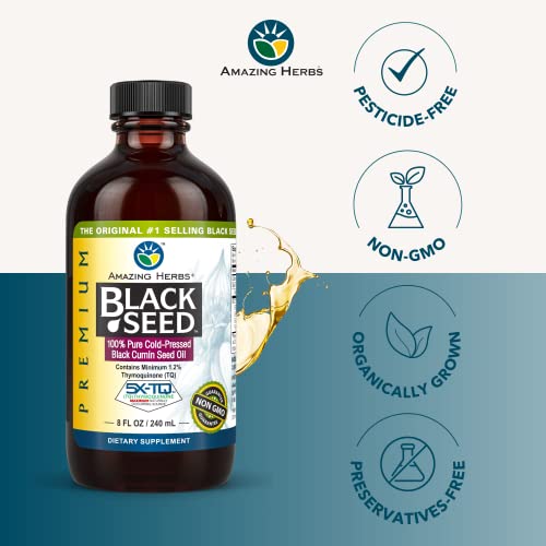 Amazing Herbs Premium Black Seed Oil - Cold Pressed Nigella Sativa Aids in Digestive Health, Immune Support, Brain Function, Joint Mobility, Gluten Free, Non GMO - 8 Fl Oz