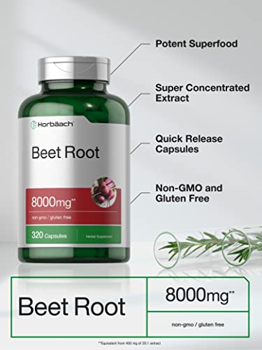 Beet Root Powder Capsules 8000mg | 320 Pills | Non-GMO, Gluten Free Formula | High Potency Herbal Extract Supplement | by Horbaach