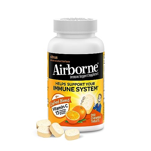 Airborne 1000mg Chewable Tablets with Zinc, Immune Support Supplement with Powerful Antioxidants Vitamins A C & E - 200 Tablets, Citrus Flavor