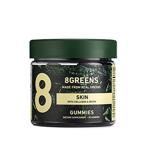 8Greens Skin Gummies with Collagen & Biotin - for Healthy Skin, Hair, and Nails, Made with Real Greens, Superfood Booster - Strawberry Flavored, 50 Vegan Gummies