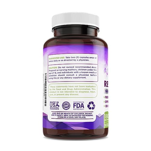 Biodora Resveratrol 1600mg, Trans-Resveratrol Antioxidant Supplement with Green Tea, Grape Seed Extract and Quercetin, Helps to Support Digestive Health and Immune System, 180 Capsules