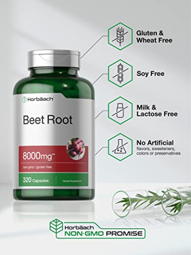 Beet Root Powder Capsules 8000mg | 320 Pills | Non-GMO, Gluten Free Formula | High Potency Herbal Extract Supplement | by Horbaach