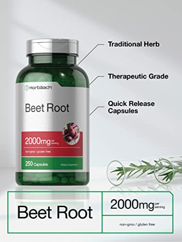 Beet Root Powder Capsules | 250 Pills | Herbal Extract | Non-GMO, Gluten Free, and DNA Tested Supplement | by Horbaach