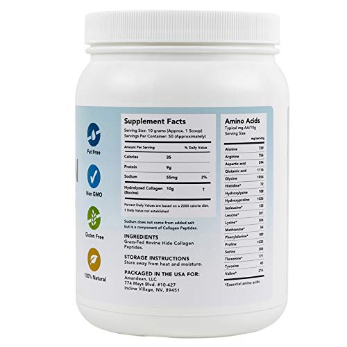 AMANDEAN Collagen Peptides Powder (17.6oz). Grass-Fed Type 1 & 3. Keto Friendly Protein Supplement. Unflavored, Odorless, Cold Water Soluble. Hydrolyzed. Promotes Healthy Joints, Skin, Hair, Nails.