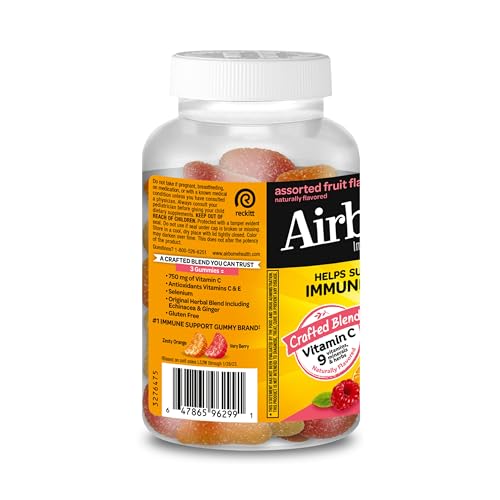 Airborne Vitamin C 750mg (per serving) - Assorted Fruit Gummies (63 count in a bottle), Gluten-Free Immune Support Supplement With Vitamins C E, Selenium