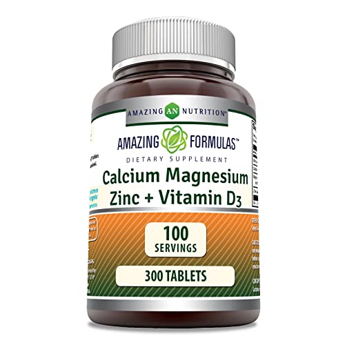 Amazing Formulas Calcium Magnesium Zinc D3 - 300 Tablets Per Bottle Supplement (Calcium 1000mg - Magnesium 400mg - Zinc 25mg Plus Vitamin D3 600 IU - Per Serving of 3 Tablets)