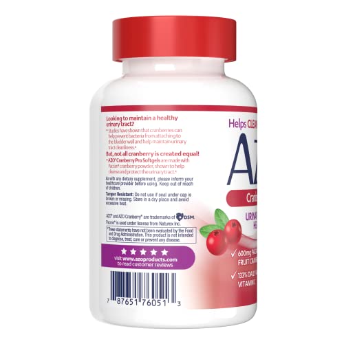 AZO Cranberry Pro Urinary Tract Health Supplement 600mg PACRAN, 1 Serving = 1 Glass of Cranberry Juice, Sugar Free Cranberry Pills, Non-GMO 100 Softgels