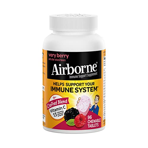 Airborne 1000mg Vitamin C Chewable Tablets with Zinc, Immune Support Supplement with Powerful Antioxidants Vitamins A C & E - 96 Chewable Tablets, Very Berry Flavor