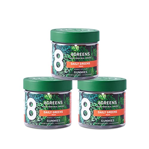 8Greens Daily Green Gummies - Superfood Booster, Energy & Immune Support, Made with Real Greens, High in Antioxidants, Vitamin C, B12, Folate, Spirulina - Peach Flavored, 50 Vegan Gummies, Pack of 3