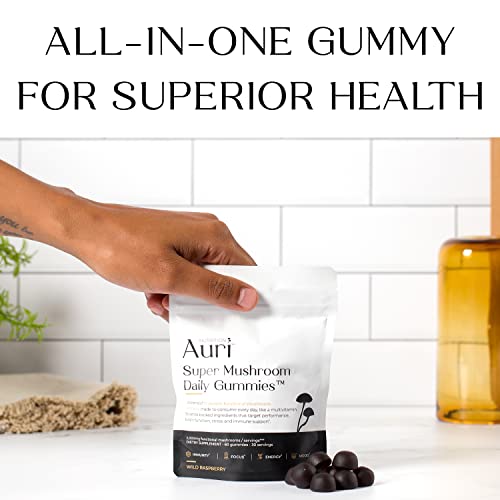 Auri Super Mushroom Gummies - All-in-One Daily Supplement Gummy - 12 Mushroom Blend with Chaga, Lions Mane, Reishi, Cordyceps - Boost Your Immunity, Focus, Energy, Mood - 60 Gummies