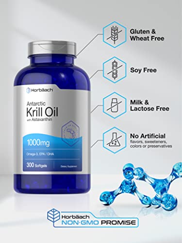 Antarctic Krill Oil 1000mg | 300 Softgel Capsules | Omega 3, EPA, DHA Supplement | with Astaxanthin | Value Size | Non-GMO, Gluten Free | by Horbaach