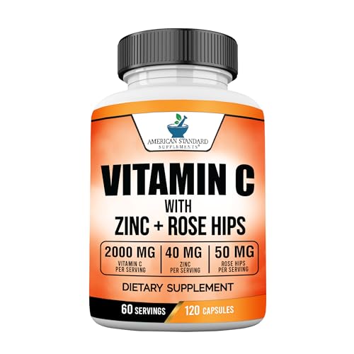 American Standard Supplements Vitamin C 2000mg, Zinc 40mg, and Rose Hips 50mg Per Serving – Vegan, Gluten Free, Non-GMO, 120 Capsules, 60 Servings