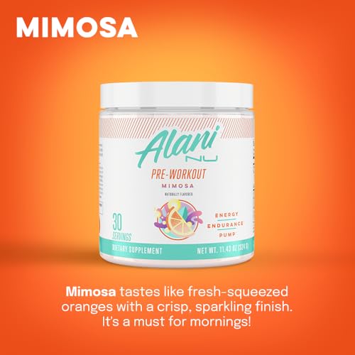 Alani Nu Pre Workout Powder Mimosa | Amino Energy Boost | Endurance Supplement | Sugar Free | 200mg Caffeine | L-Theanine, Beta-Alanine, Citrulline | 30 Servings