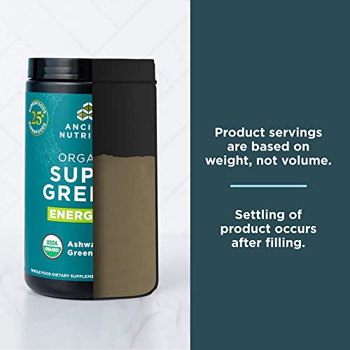 Ancient Nutrition Supergreens Energizer Powder, Organic Superfood Powder with Caffeine, Made from Real Fruits, Vegetables and Herbs, for Digestive and Energy Support, 25 Servings, 7.5oz