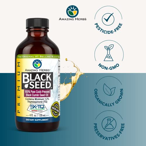 Amazing Herbs Premium Black Seed Oil - Cold Pressed Nigella Sativa Aids in Digestive Health, Immune Support, Brain Function, Joint Mobility, Gluten Free, Non GMO - 4 Fl Oz