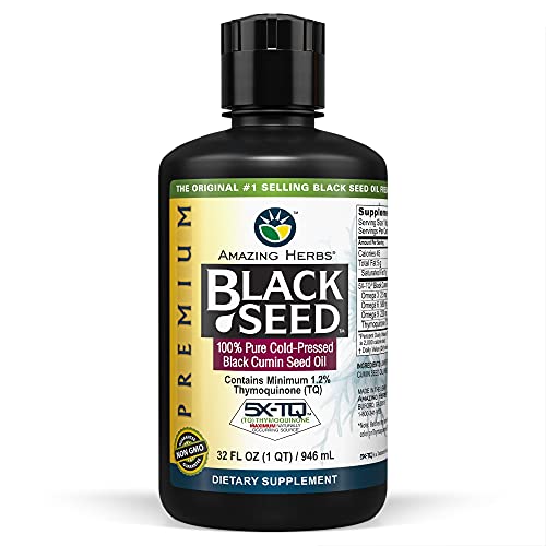 Amazing Herbs Premium Black Seed Oil - Cold Pressed Nigella Sativa Aids in Digestive Health, Immune Support, Brain Function, Joint Mobility, Gluten Free, Non GMO - 32 Fl Oz