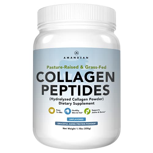 AMANDEAN Collagen Peptides Powder (17.6oz). Grass-Fed Type 1 & 3. Keto Friendly Protein Supplement. Unflavored, Odorless, Cold Water Soluble. Hydrolyzed. Promotes Healthy Joints, Skin, Hair, Nails.