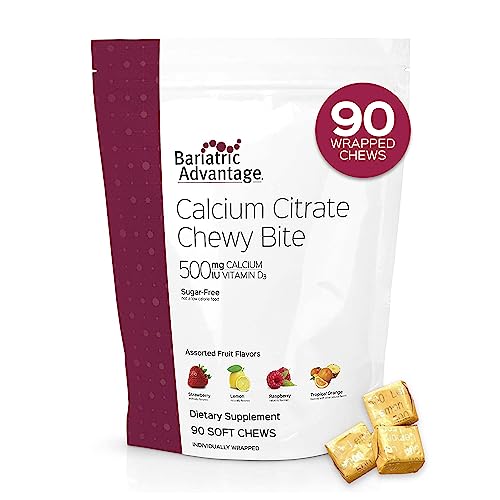 Bariatric Advantage Calcium Citrate Chewy Bites 500mg with Vitamin D3 for Bariatric Surgery Patients Including Gastric Bypass and Sleeve Gastrectomy, Sugar Free - Assorted Fruit Flavor, 90 Count