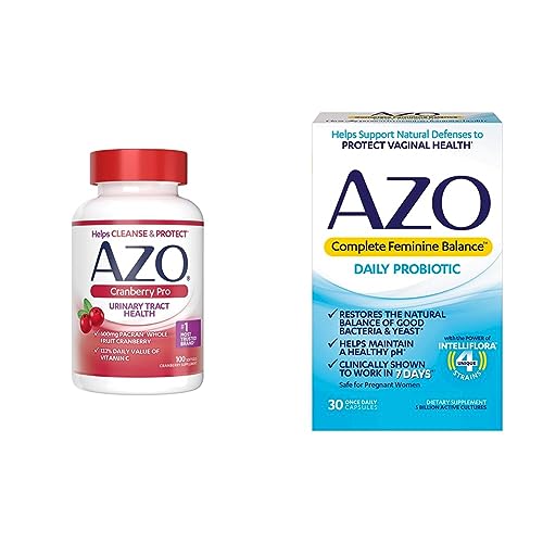 AZO Cranberry Pro Urinary Tract Health Supplement 600mg PACRAN, 1 Serving = More Than 1 Glass of Cranberry Juice 100 CT + Complete Feminine Balance Daily Probiotics for Women 30 Count