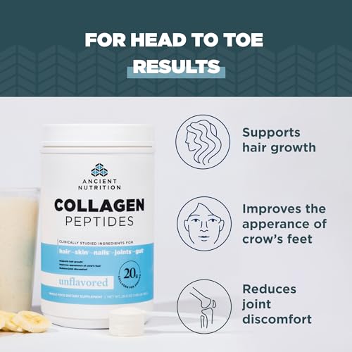 Ancient Nutrition Collagen Peptides, Collagen Peptides Powder, Unflavored Hydrolyzed Collagen, Supports Healthy Skin, Joints, Gut, Keto and Paleo Friendly, 28 Servings, 20g Collagen per Serving