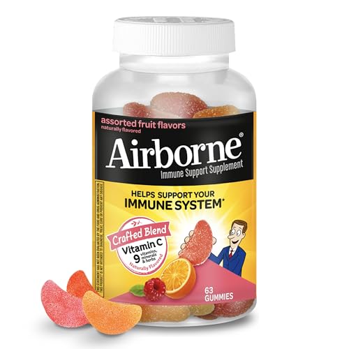 Airborne Vitamin C 750mg (per serving) - Assorted Fruit Gummies (63 count in a bottle), Gluten-Free Immune Support Supplement With Vitamins C E, Selenium