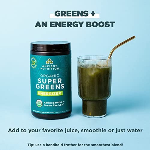 Ancient Nutrition Supergreens Energizer Powder, Organic Superfood Powder with Caffeine, Made from Real Fruits, Vegetables and Herbs, for Digestive and Energy Support, 25 Servings, 7.5oz