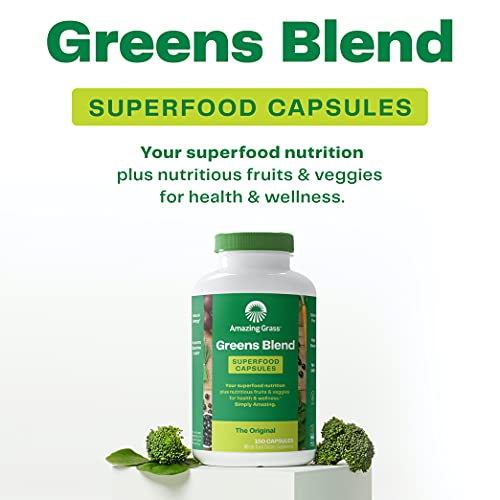 Amazing Grass Greens Blend Superfood Capsules: Super Greens with Organic Spirulina, Chlorella, Beet Root Powder, Digestive Enzymes & Probiotics, 150 Capsules (Packaging May Vary)