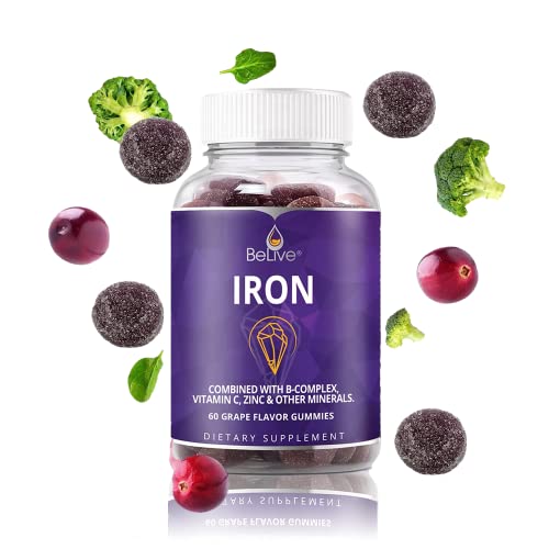 BeLive Iron Gummies - Multivitamin Iron Supplement with Vitamin C, A, B & Zinc, Supports Blood Oxygen, Vegan Iron Supplements for Women, Men & Kids for Growth and Development - Grape Flavor | 3-Pack